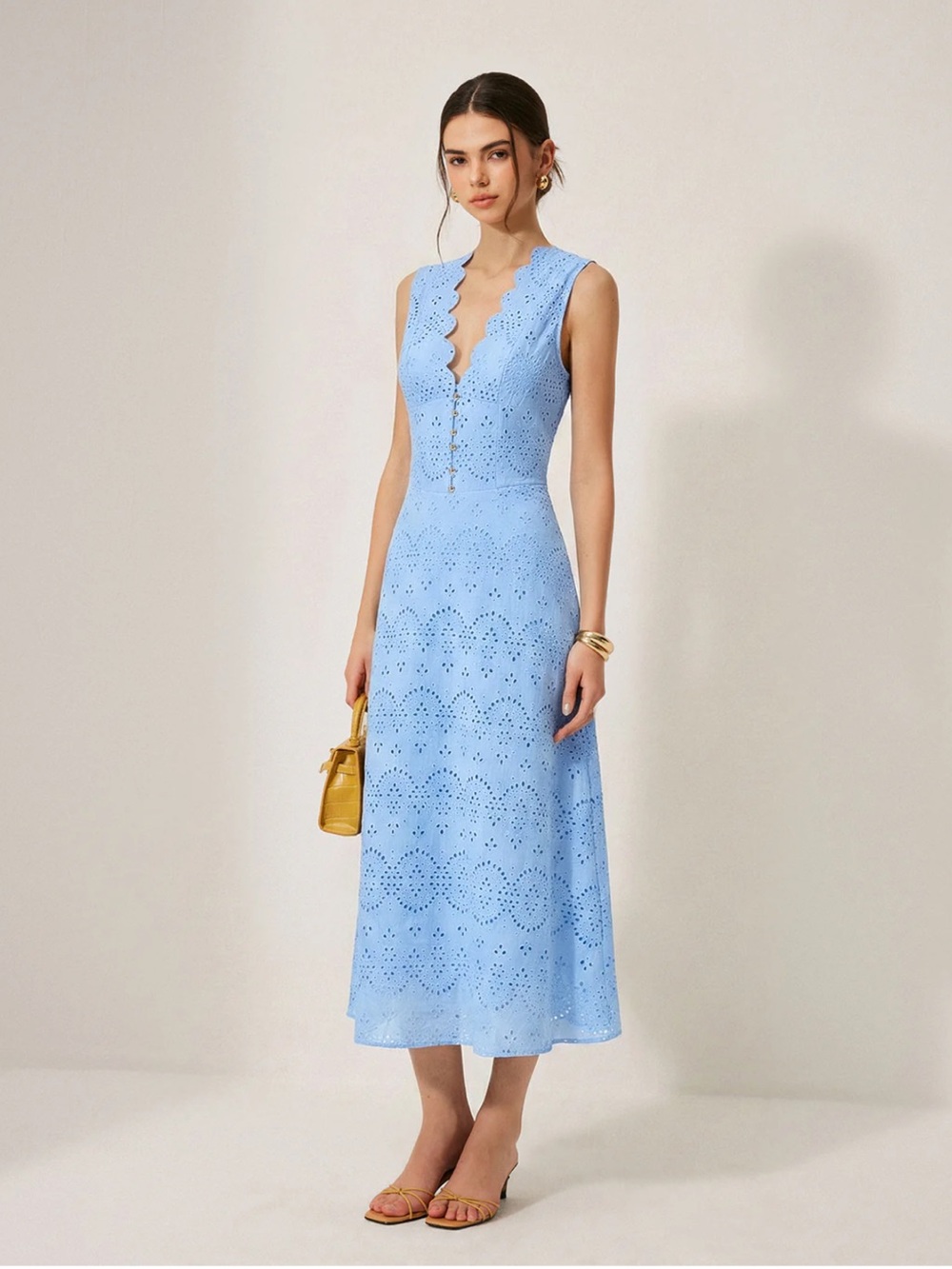Commense Blue Embroidered Eyelet Cotton Midi Dress XS | European Summer Dress - Picture 3 of 6